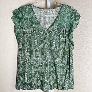 L/G Lucky Brand Green Boho Print Peasant  Blouse